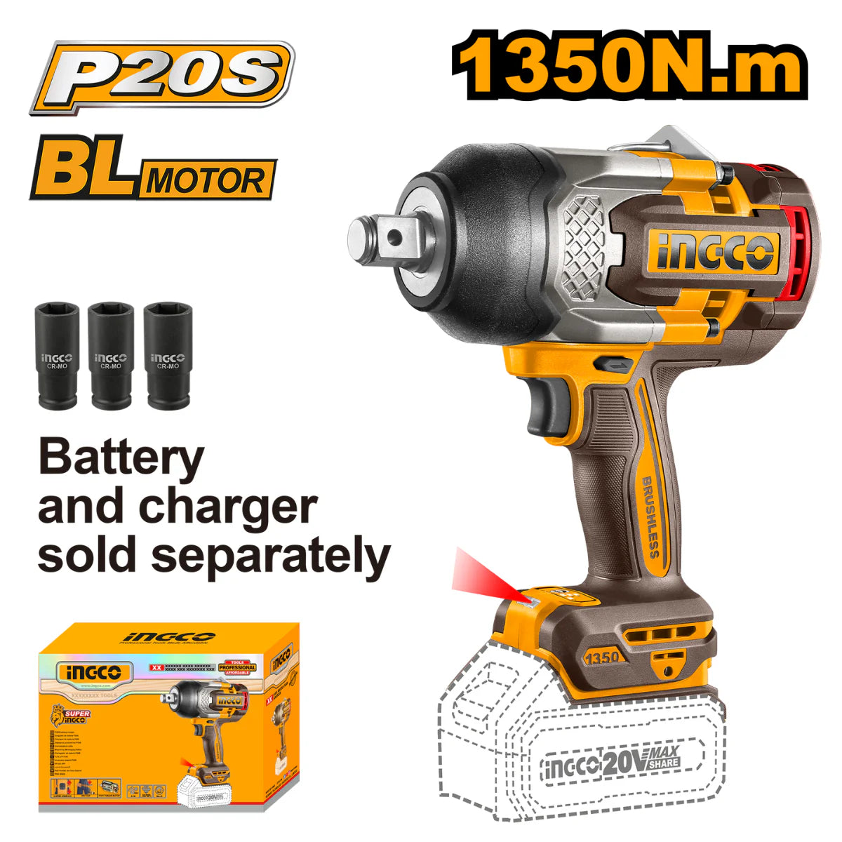 Inccoo P20S impact wrench with accessories and packaging on a white background