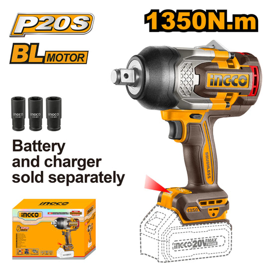 Ingco Impact Wrench 1350Nm 3/4 Drive 20V with accessories