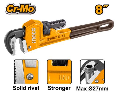 Pipe wrench with INGCO branding and Cr-Mo text, featuring details of its features.