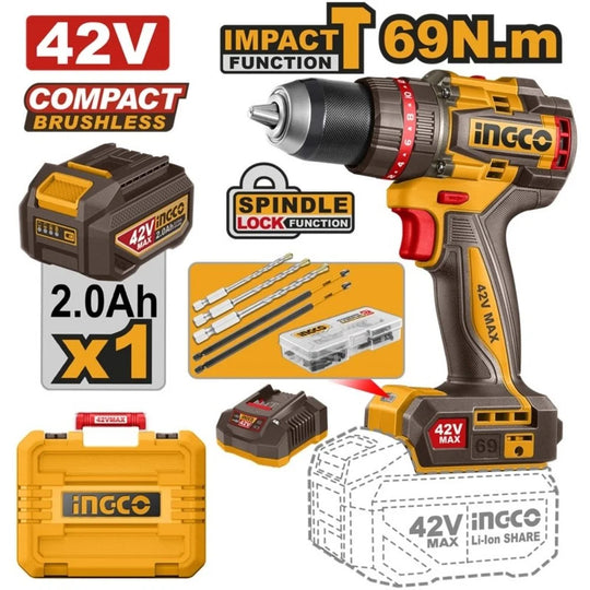 Ingco 42V Max Impact Drill 69Nm Kit CIDLI426981
