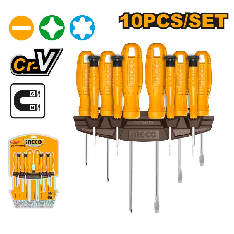 Set of 10 screwdrivers with orange handles and packaging on a white background