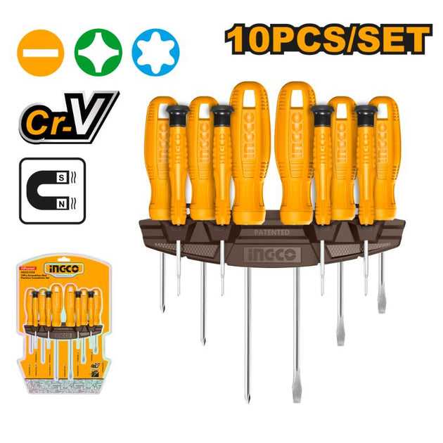 Set of 10 screwdrivers with orange handles and packaging on a white background