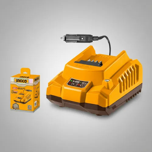 Yellow battery charger with a cable and INGCO branded box on a gray background