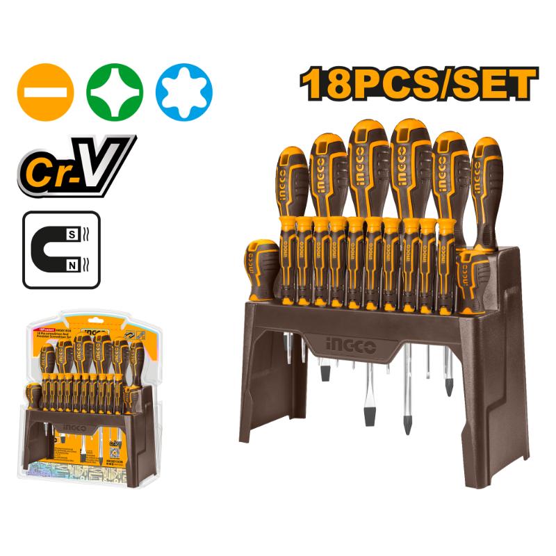 Set of 18 screwdrivers in a holder with INGCO branding on a white background.