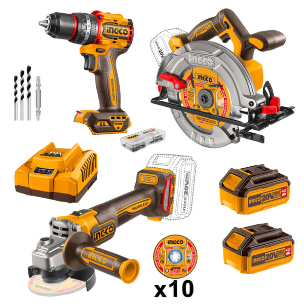 Ingco 20V 3pcs Set- Angle Grinder+ Drill+ Circular Saw CKLI25032801