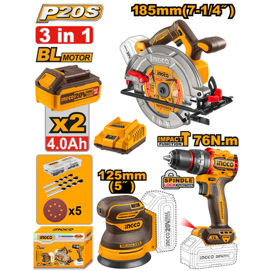 Ingco 20v 3pc (185mm Circular Saw, 76nm Impact Drill, 125mm Orbit Sander) COSLI250181