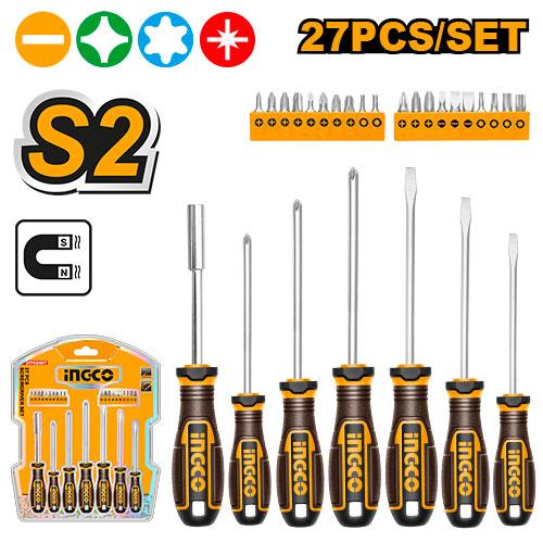 Set of screwdrivers with INGCO branding and packaging on a white background