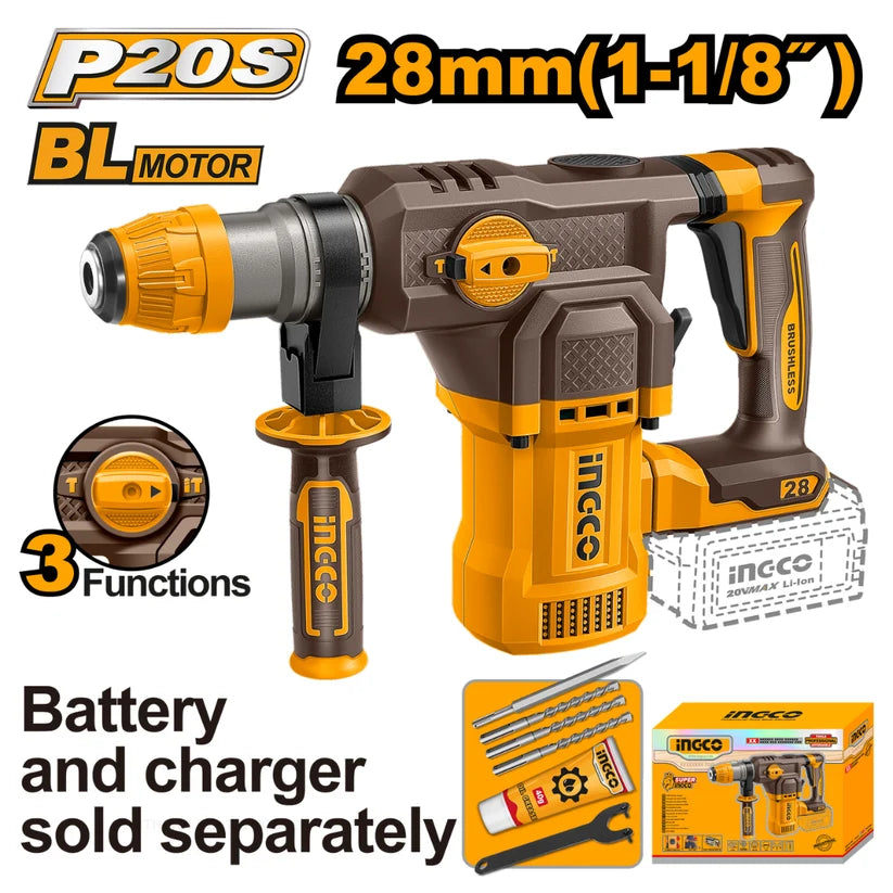 Ingco 28mm Rotary Hammer Drill (Tool Only) 20V CRHLI20286