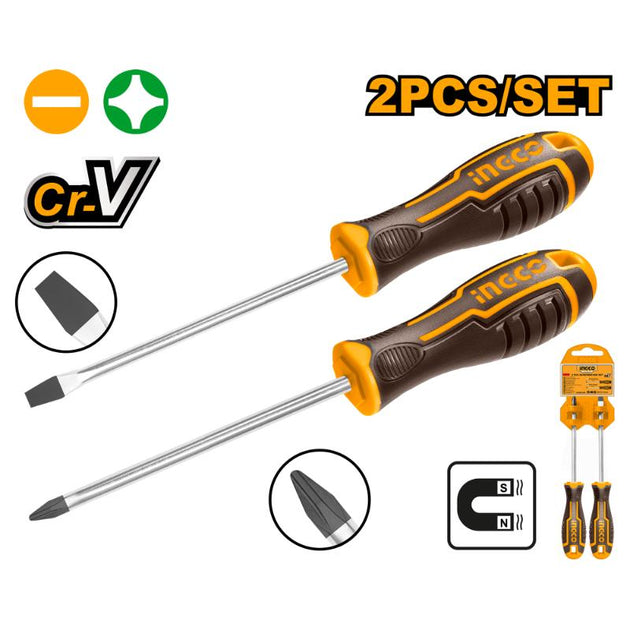 Two screwdrivers with orange handles and black blades on a white background, featuring the brand 'Incco'.