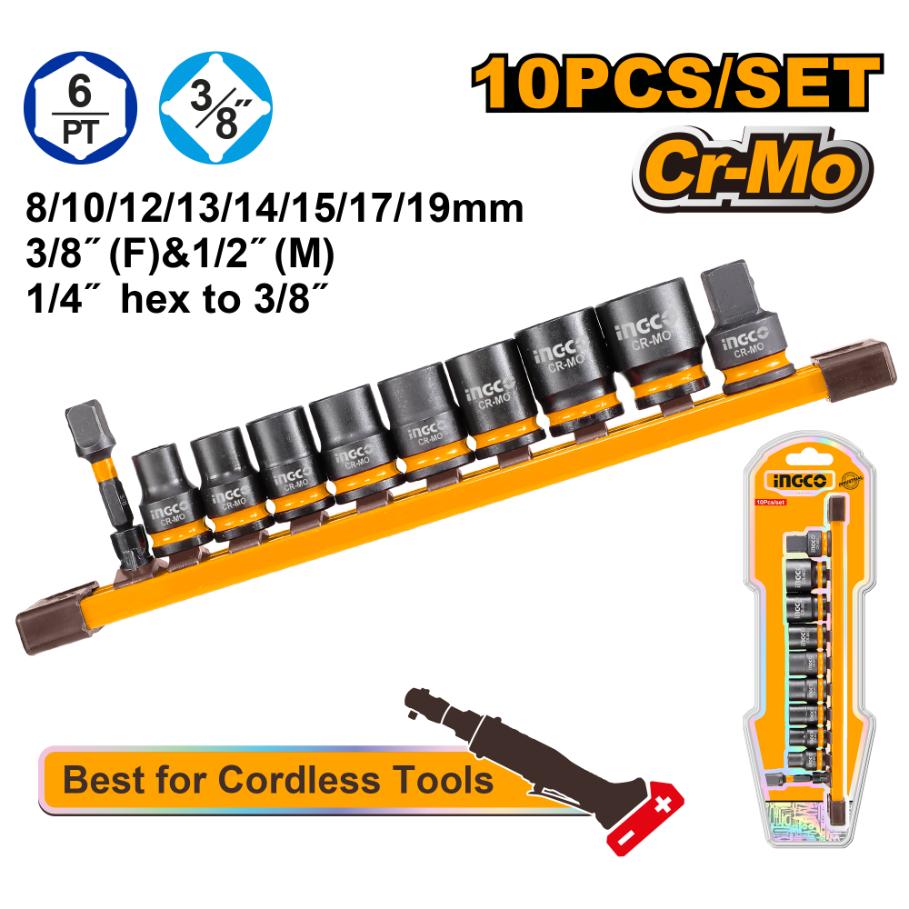 10-piece socket set with tool holder and packaging on a white background