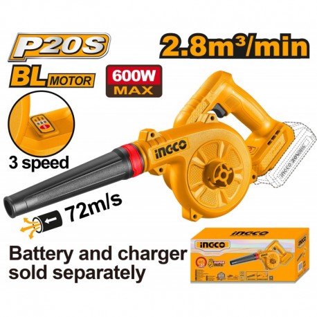 Yellow leaf blower with branding and specifications on a white background