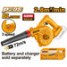 Yellow leaf blower with branding and specifications on a white background