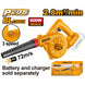 Yellow leaf blower with branding and specifications on a white background
