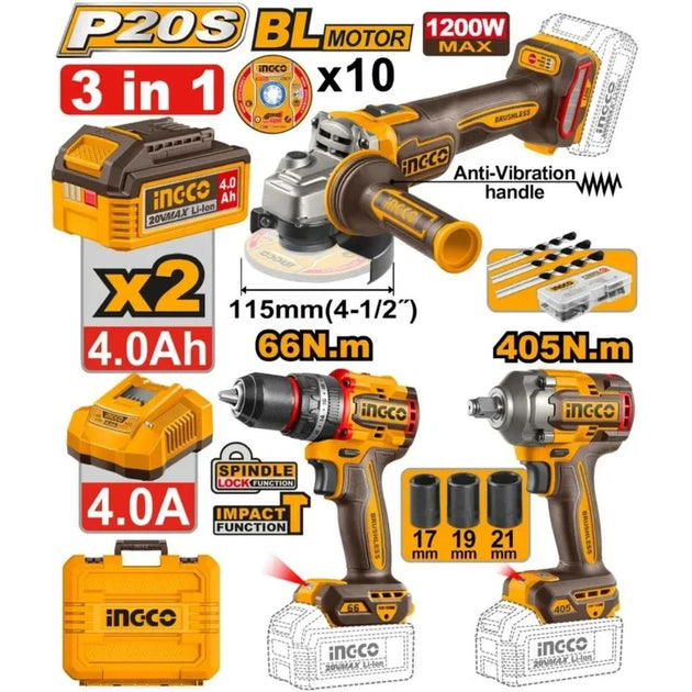 Ingco 3pc Combo (Drill+Grinder+Wrench) CKLI20358