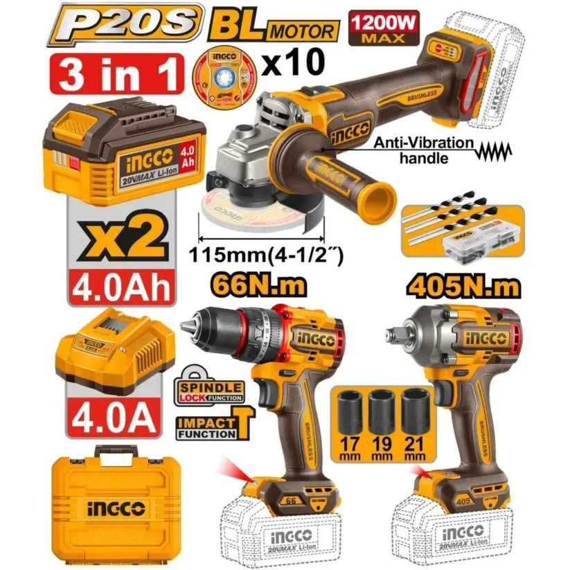 Ingco 3pc Combo (Drill+Grinder+Wrench) CKLI20358