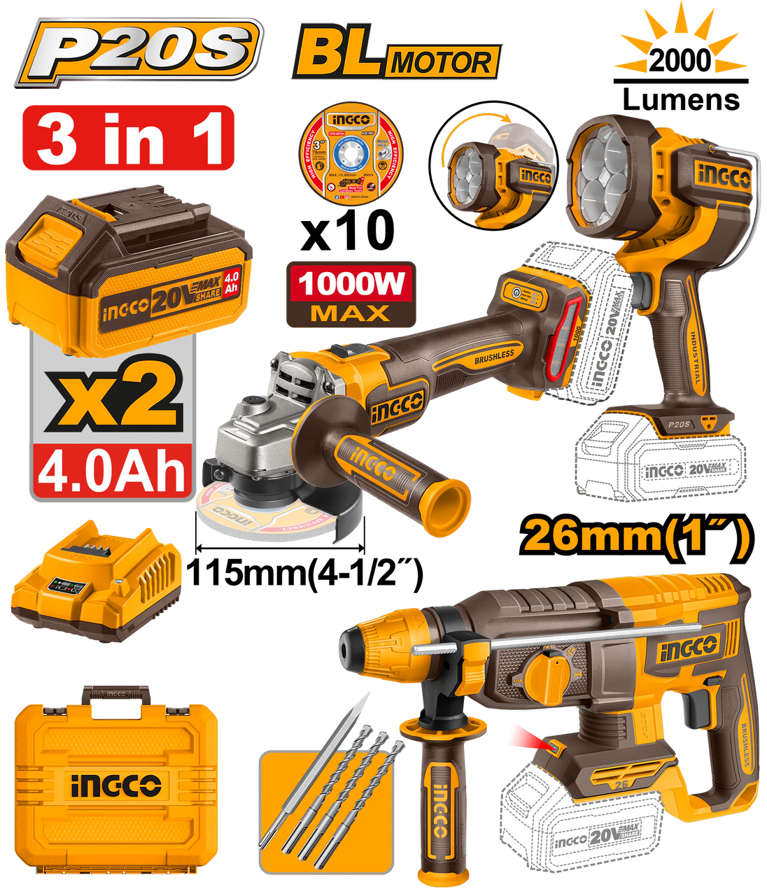 Ingco 3pc Combo (Rotary Drill+Grinder+Lamp) 20V COSLI250183