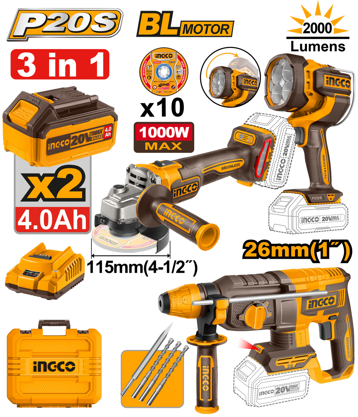 Ingco 3pc Combo (Rotary Drill+Grinder+Lamp) 20V COSLI250183