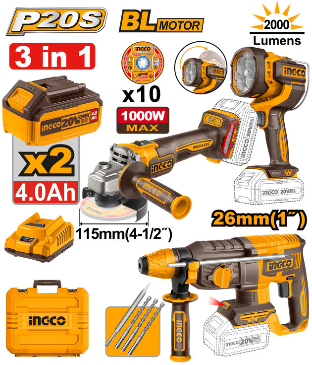 Ingco 3pc Combo (Rotary Drill+Grinder+Lamp) 20V COSLI250183