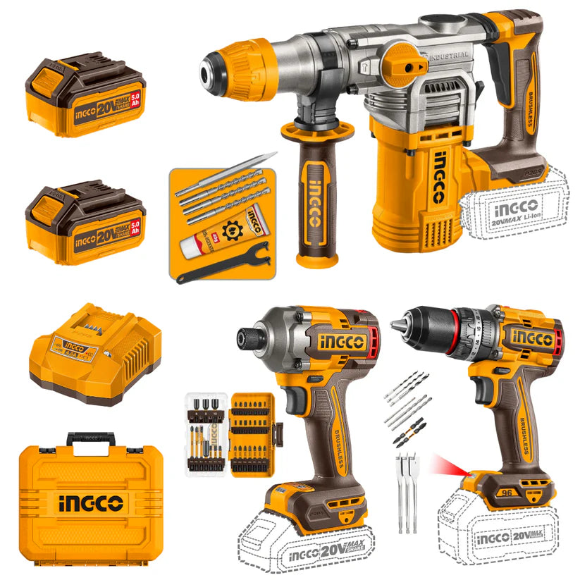 Collection of INGCO power tools including drill, impact driver, batteries, and accessories on a white background.