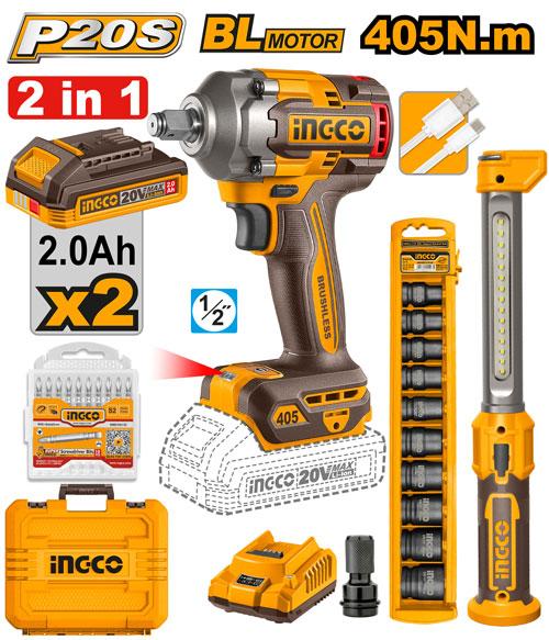 Ingco power drill set with accessories on a white background