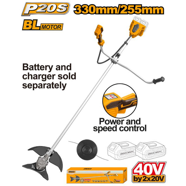 Battery-powered string trimmer with specifications on a white background