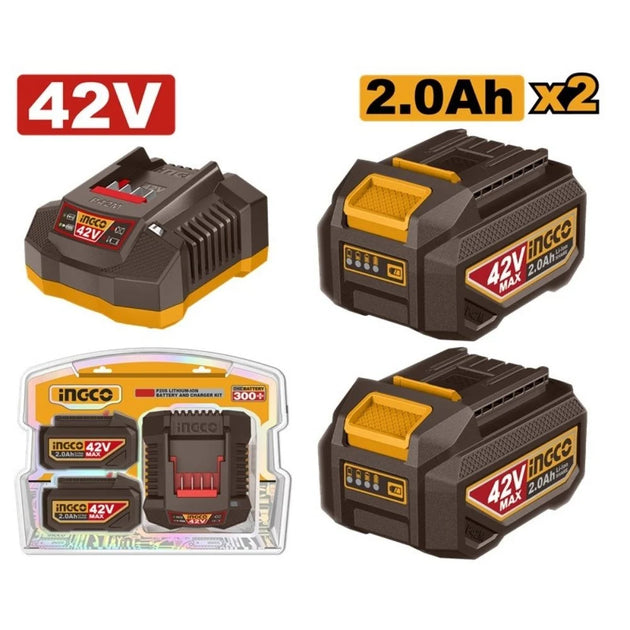 Set of INGCO 42V batteries and charger on a white background