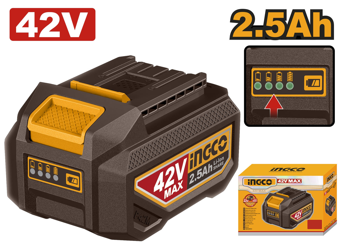 INGCO 42V MAX battery pack with display and packaging on a white background