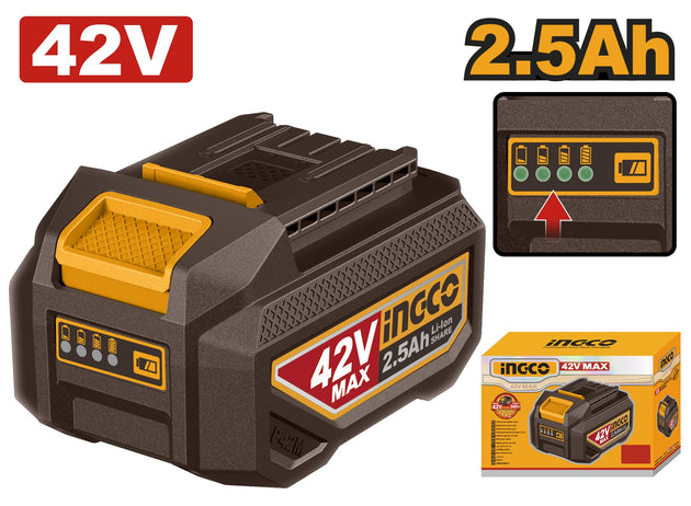 INGCO 42V MAX battery pack with display and packaging on a white background