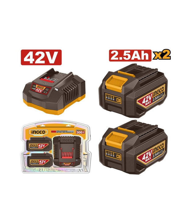 Set of 42V batteries and charger on a white background