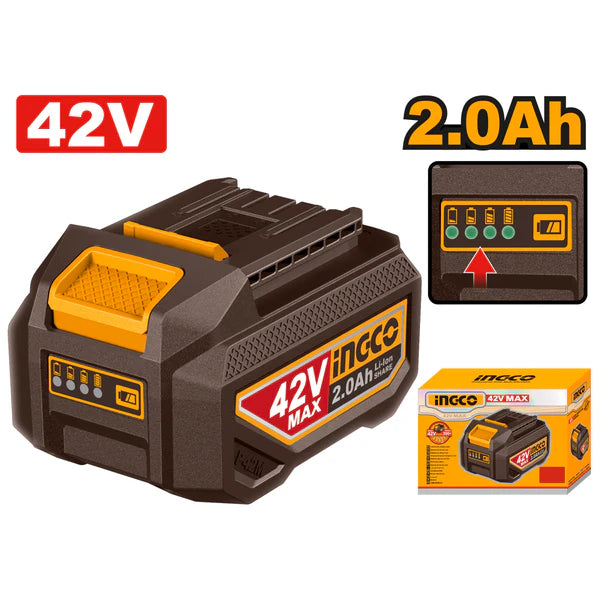 INGCO 42V MAX battery pack with display and packaging on a white background