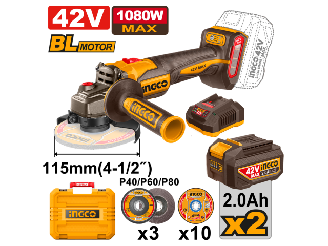 Inoco power tool set with battery, charger, and accessories on a white background