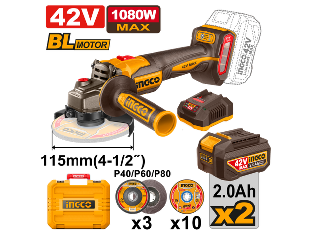 Inoco power tool set with battery, charger, and accessories on a white background