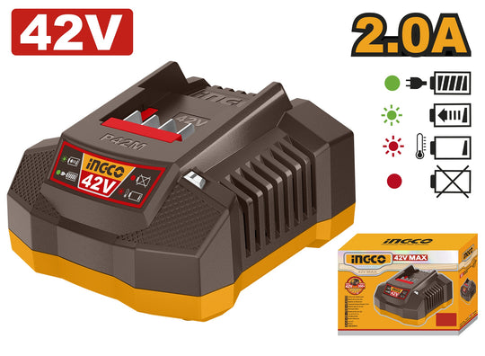 Ingco 42V charger with packaging on a white background