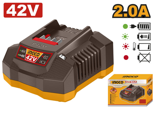 Ingco 42V charger with packaging on a white background