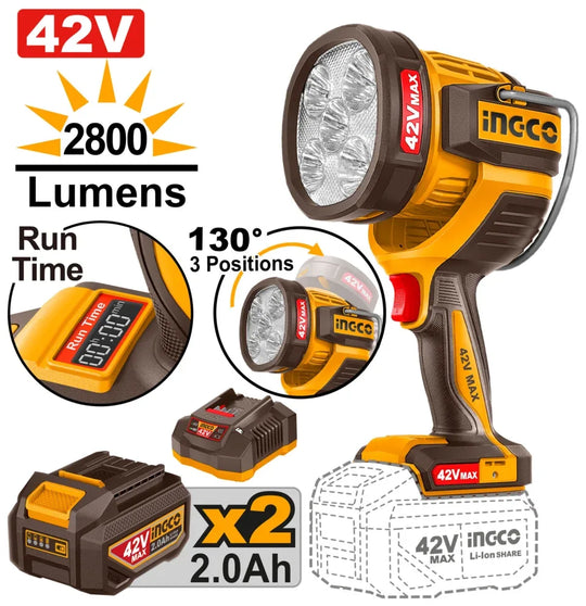 42V MAX flashlight with battery and charger on a white background