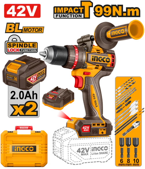 Ingco cordless drill set with battery, case, and accessories on a white background