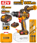 Ingco cordless drill set with battery, case, and accessories on a white background