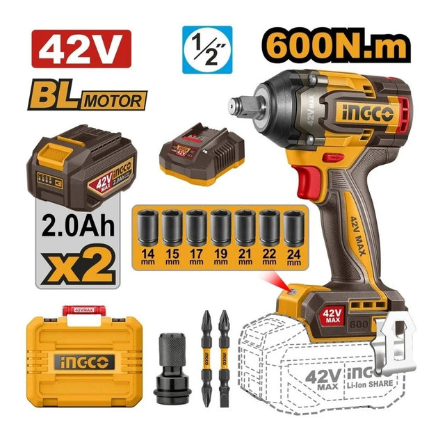 Ingco cordless drill set with battery, bits, and accessories on a white background