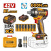 Ingco cordless drill set with battery, bits, and accessories on a white background