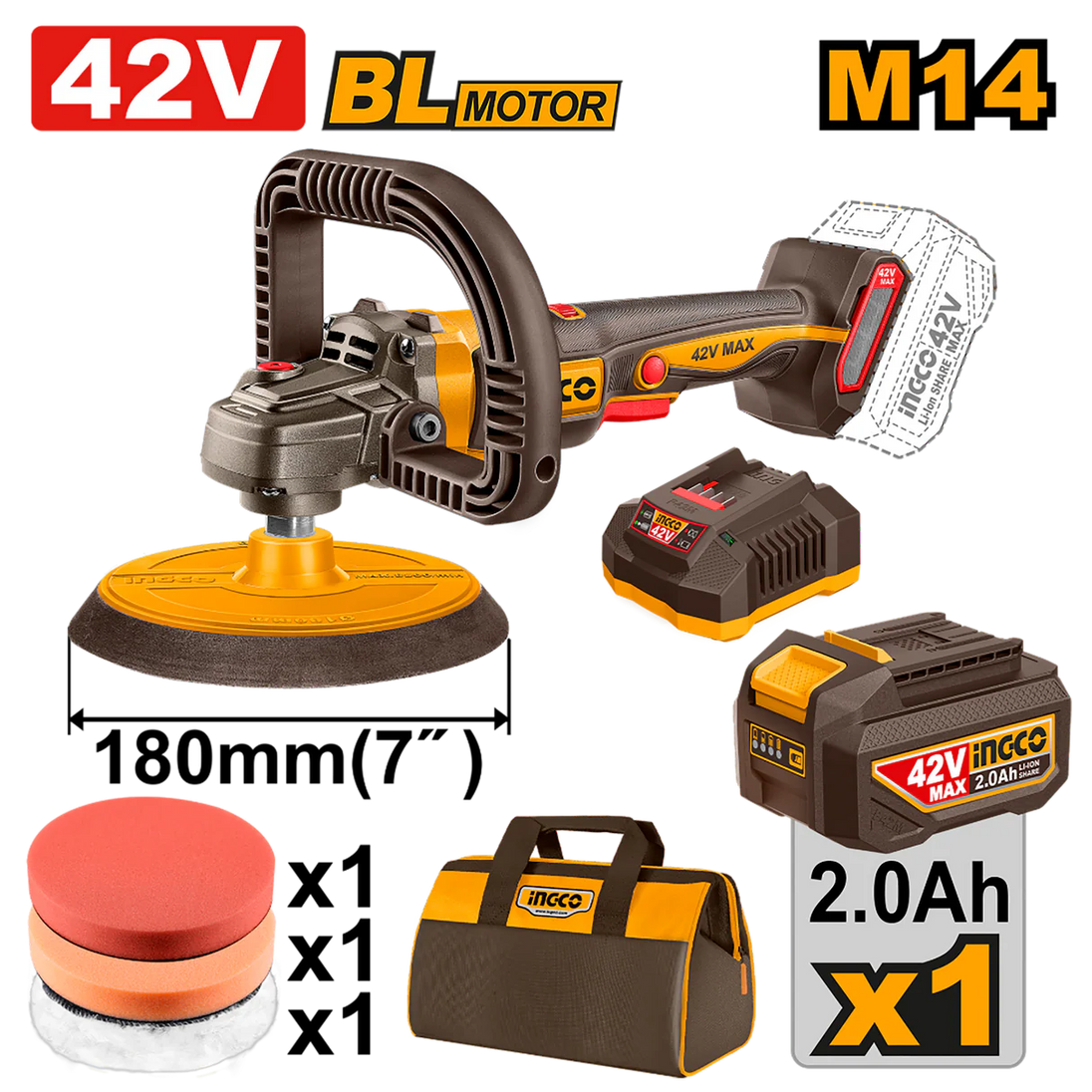 Polishing machine with accessories and battery pack on a white background