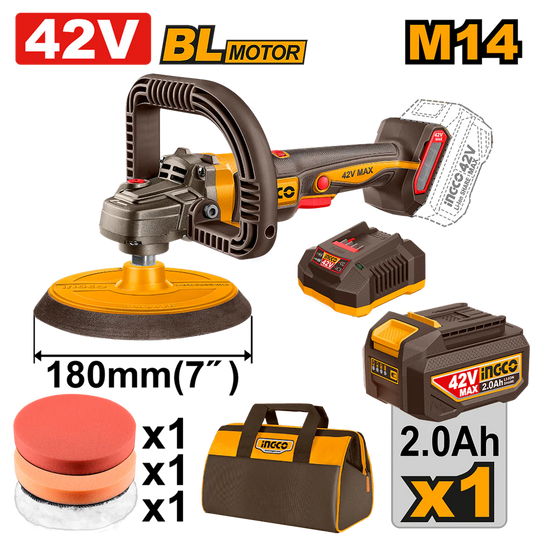 Polishing machine with accessories and battery pack on a white background