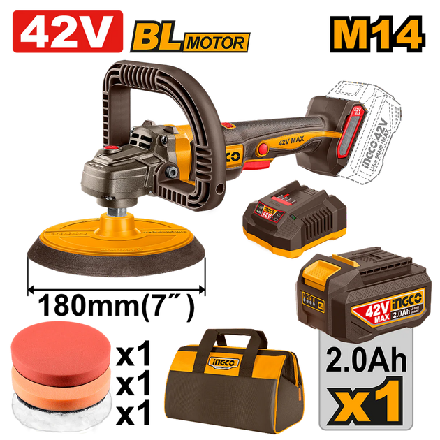 Polishing machine with accessories and battery pack on a white background