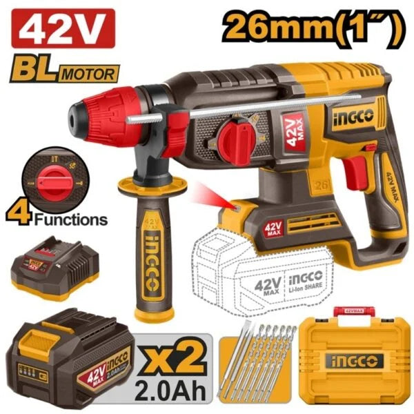 Ingco cordless drill with accessories on a white background