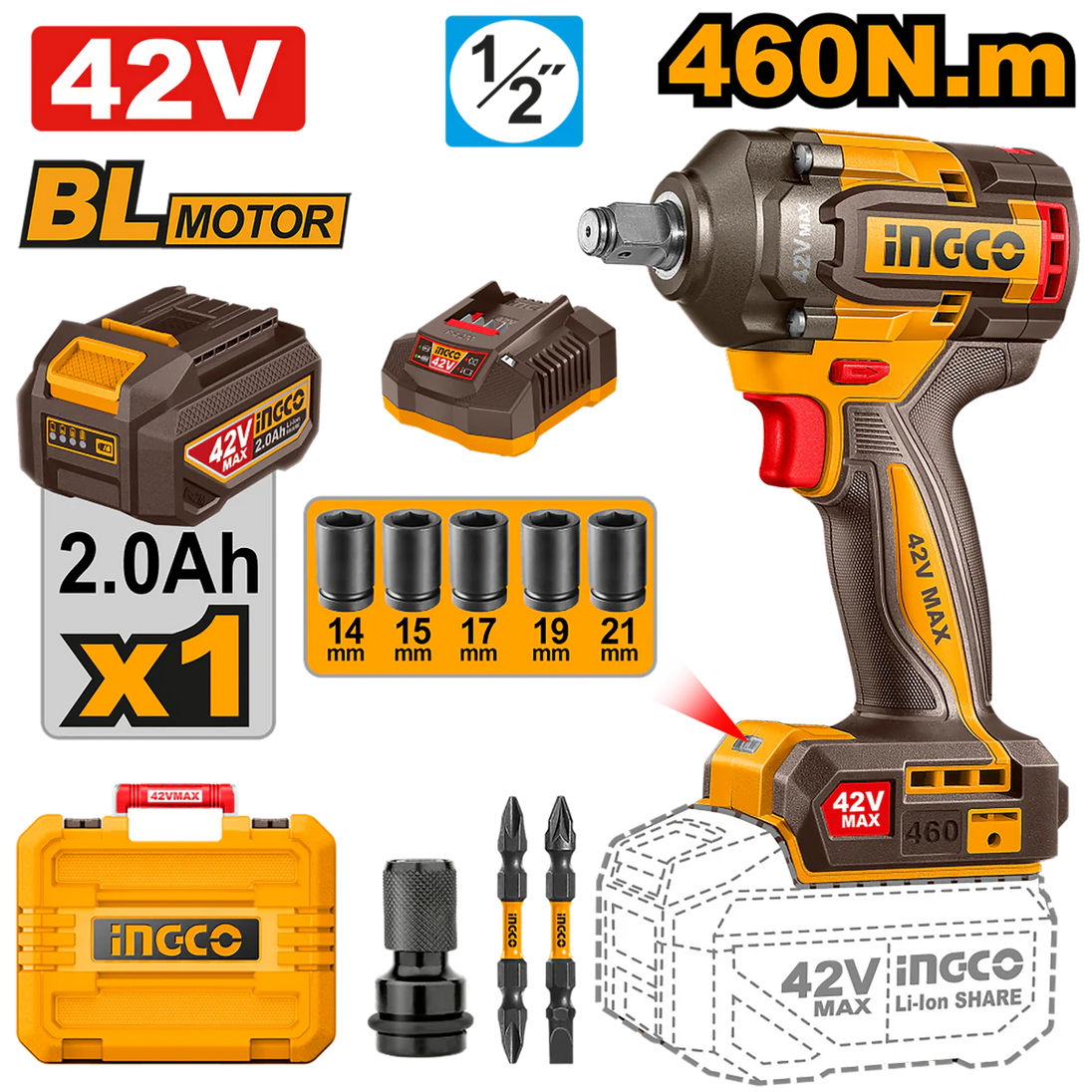 Ingco 42v Impact Wrench 460NM Kit CIWLI42461