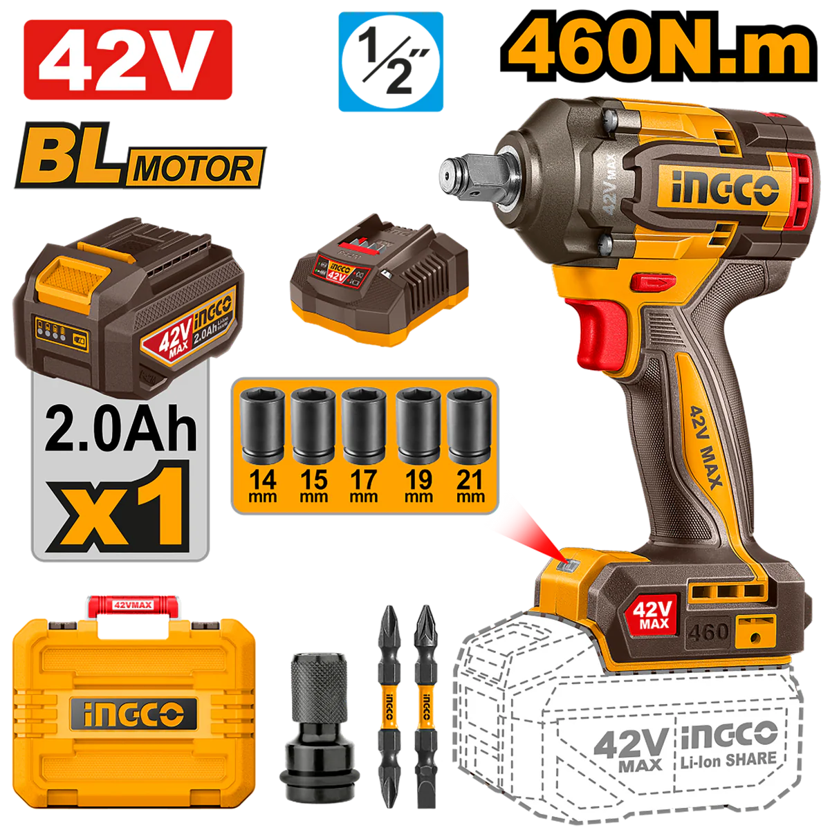 Ingco 42v Impact Wrench 460NM Kit CIWLI42461