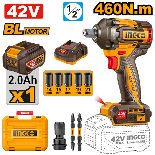 Ingco 42v Impact Wrench 460NM Kit CIWLI42461