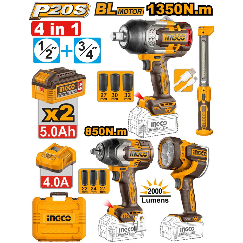Collection of INGCO power tools including impact wrenches, batteries, and flashlight on a white background.