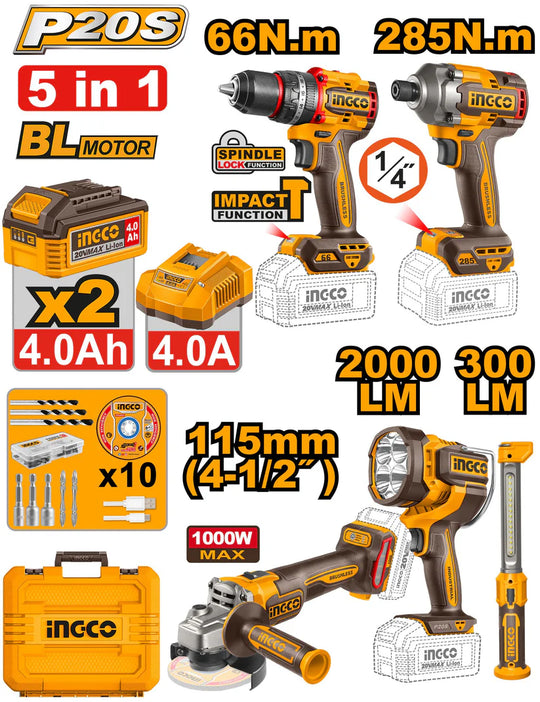 Collection of INGCO power tools with specifications on a white background