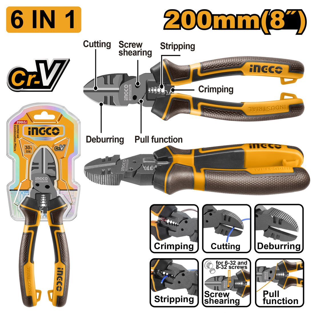 6-in-1 pliers set with packaging, labeled functions, and specifications on a white background.