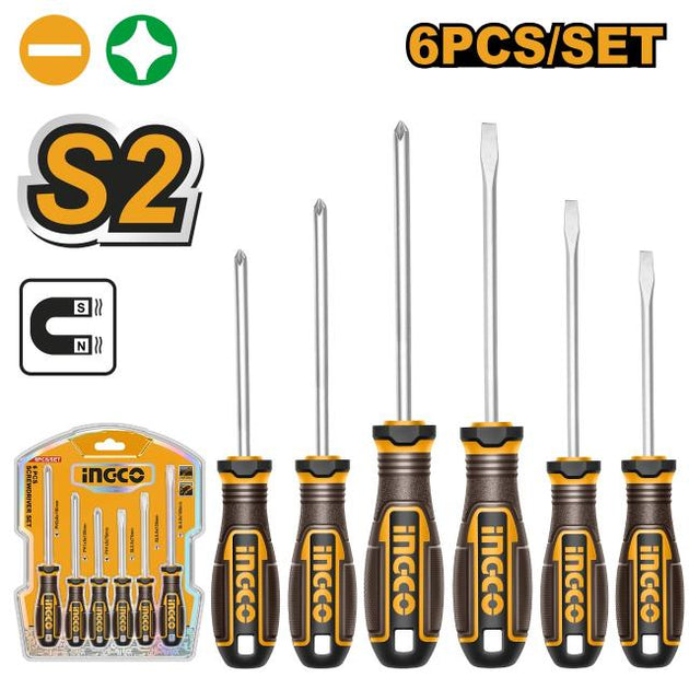 Set of Ingco screwdrivers with packaging on a white background